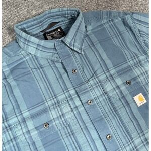 Carhartt Shirt Mens Large Blue Plaid Loose Fit Short Sleeve Button Front Casual